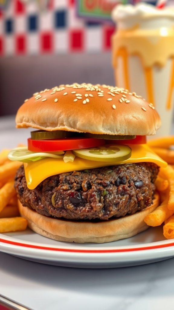 A classic cheeseburger with lettuce, tomato, and pickles served with fries and a milkshake.